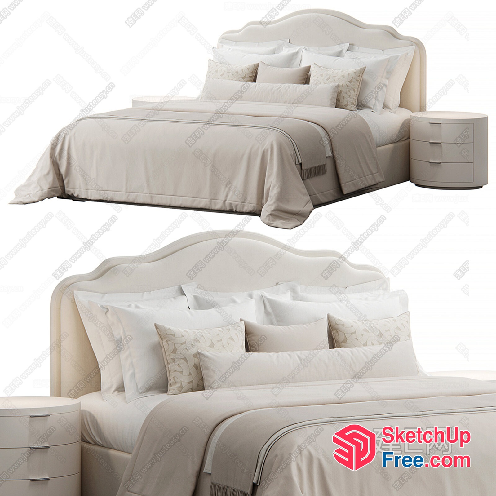 Elegant Cream-Colored Bed And Bedside Table 3D SketchUp File