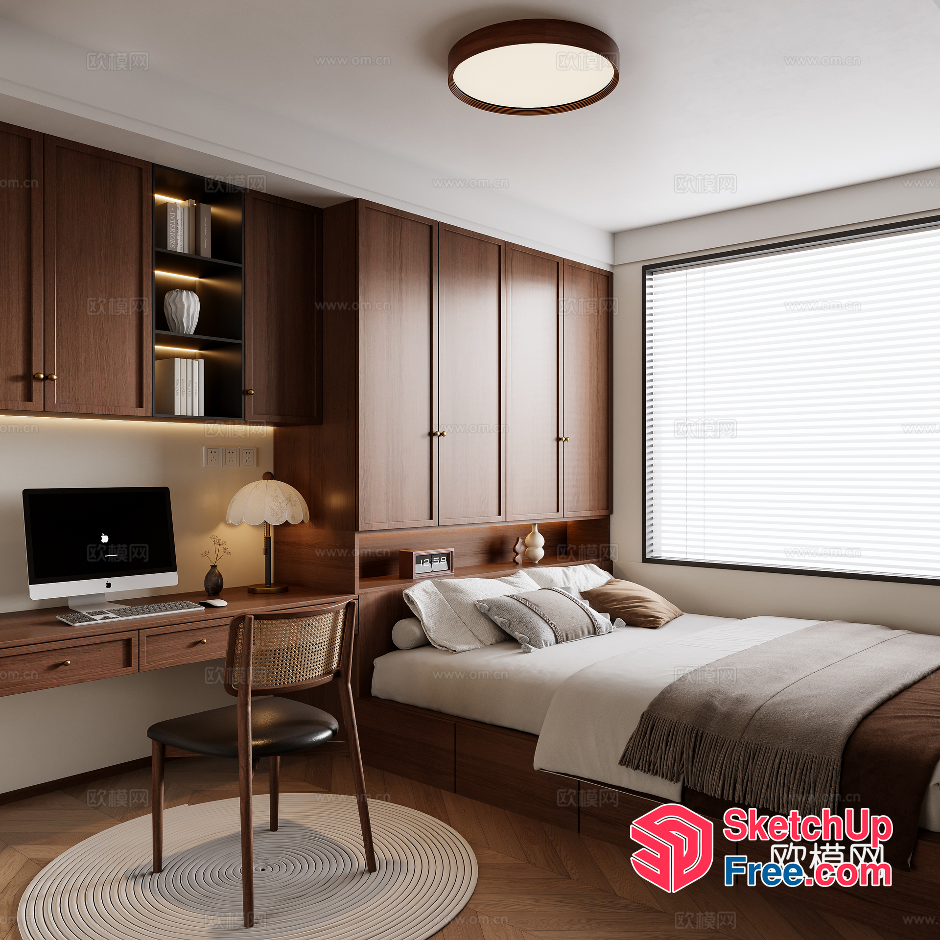 Cozy Bedroom With Built-In Desk And Bookshelf 3D SketchUp File