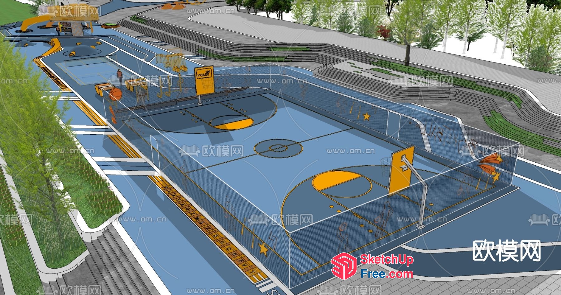 Basketball Court Design With Yellow Accents 3D SketchUp File