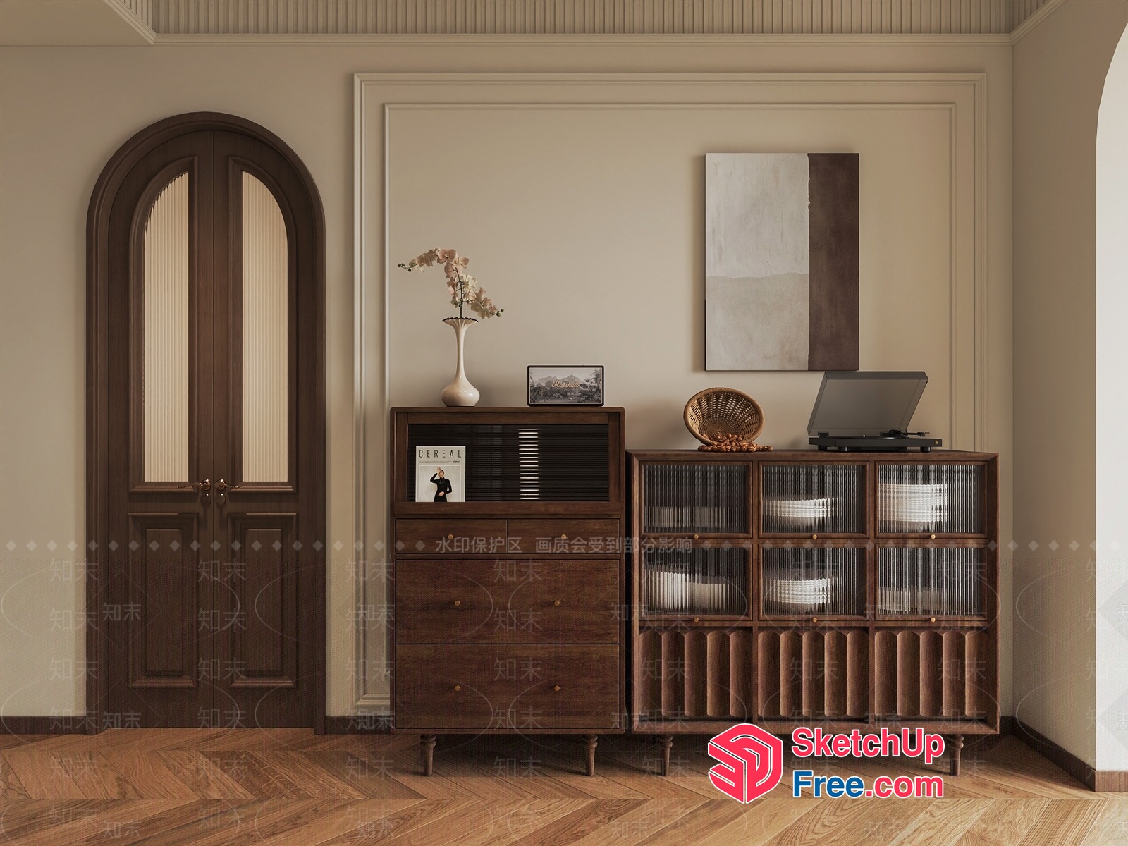 Elegant Wooden Furniture With Glass Doors And Decorative Accents 3D SketchUp File