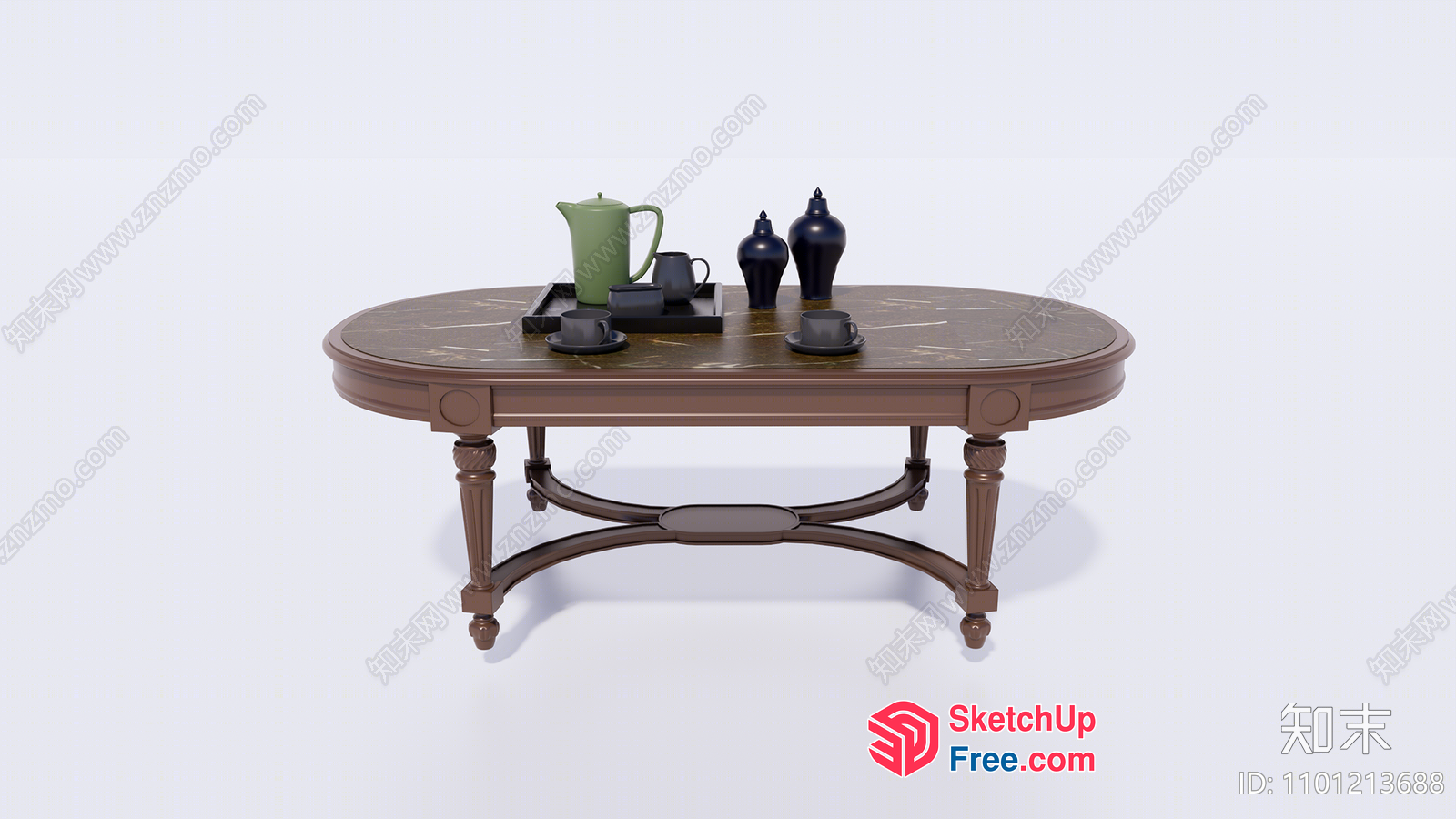 Classic Oval Coffee Table With Ornate Legs And Decorative Vases 3D SketchUp File