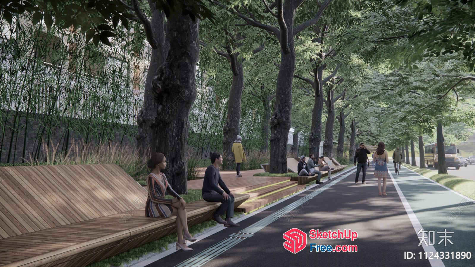 People Sitting On Long Wooden Benches Along A Road 3D SketchUp File