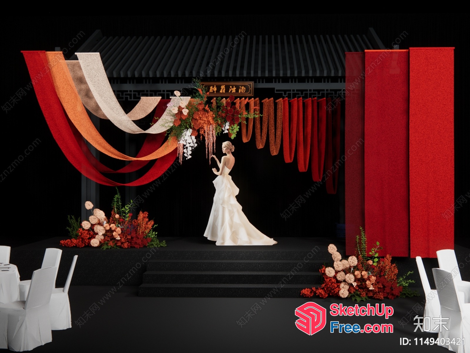 Asian-Inspired Wedding Stage Decor 3D SketchUp File