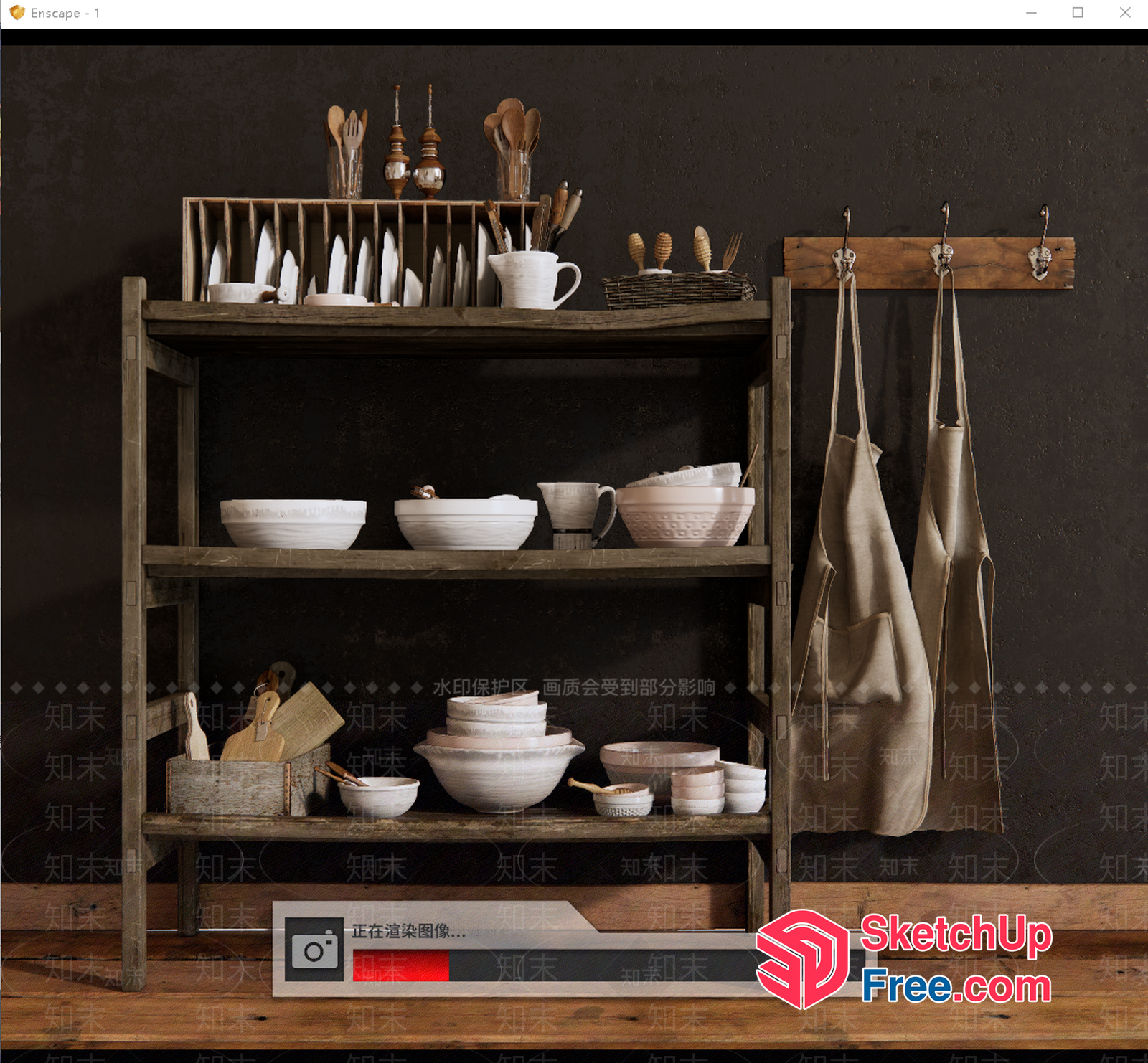 Kitchenware And Utensils Displayed On Wooden Shelves 3D SketchUp File
