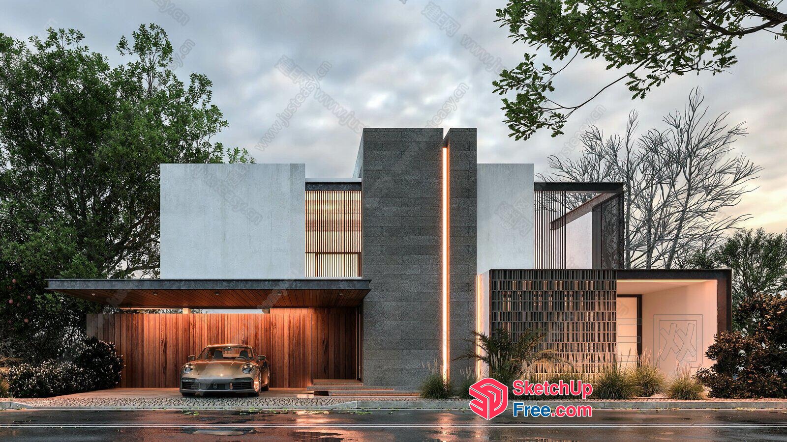 Modern House With Car And Pillar 3D SketchUp File