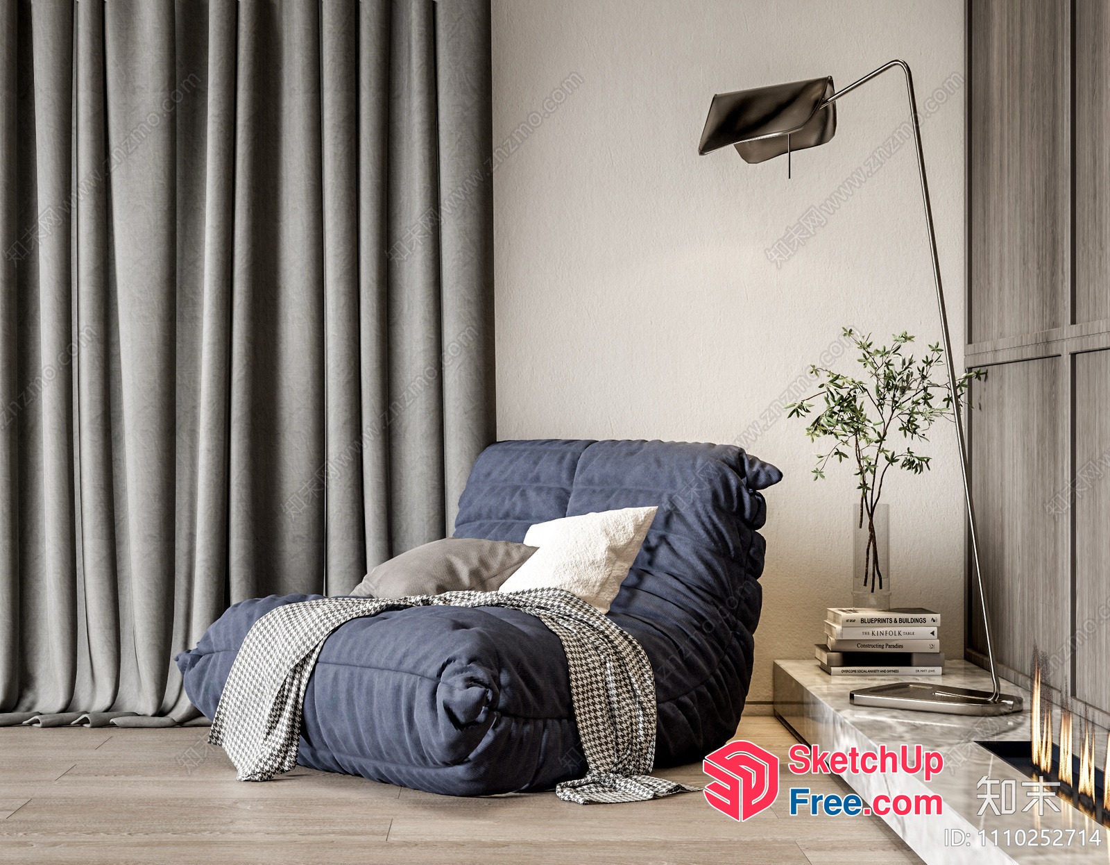 Comfortable Blue Chair With Pillows And Blanket 3D SketchUp File
