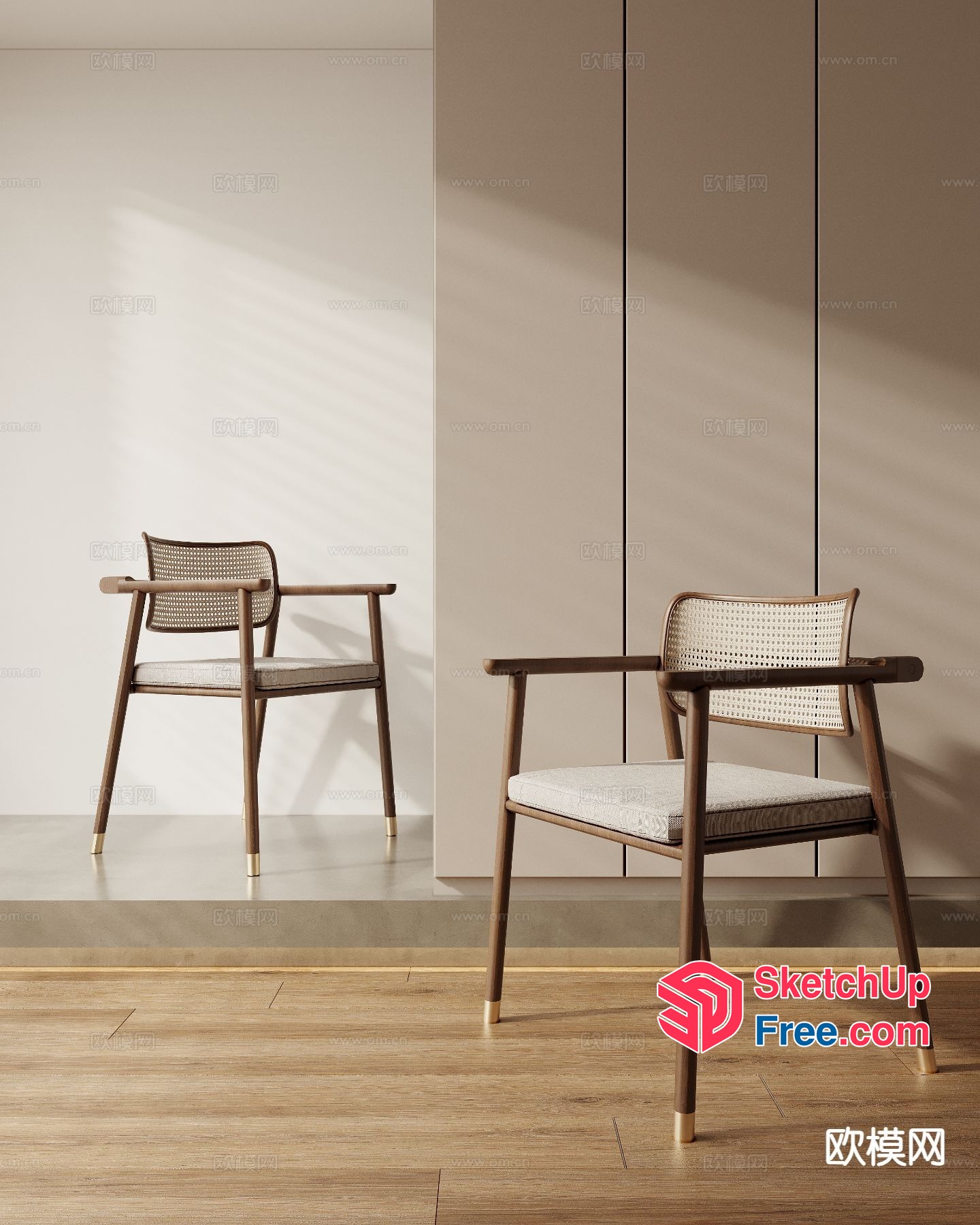 Modern Minimalist Japanese-Style Wood And Rattan Chair 3D SketchUp File