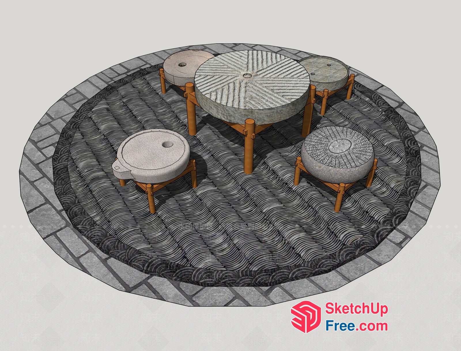 Japanese-Inspired Outdoor Seating Area With Natural Stone Tables 3D SketchUp File