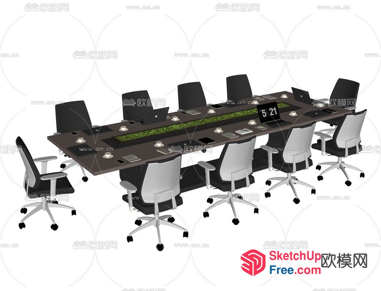 Modern Office Conference Room With Dark Wood Table And White Chairs 3D SketchUp File