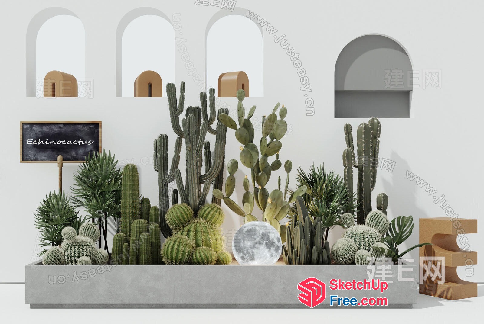 Cactus Garden With Sign And Moon Decor 3D SketchUp File