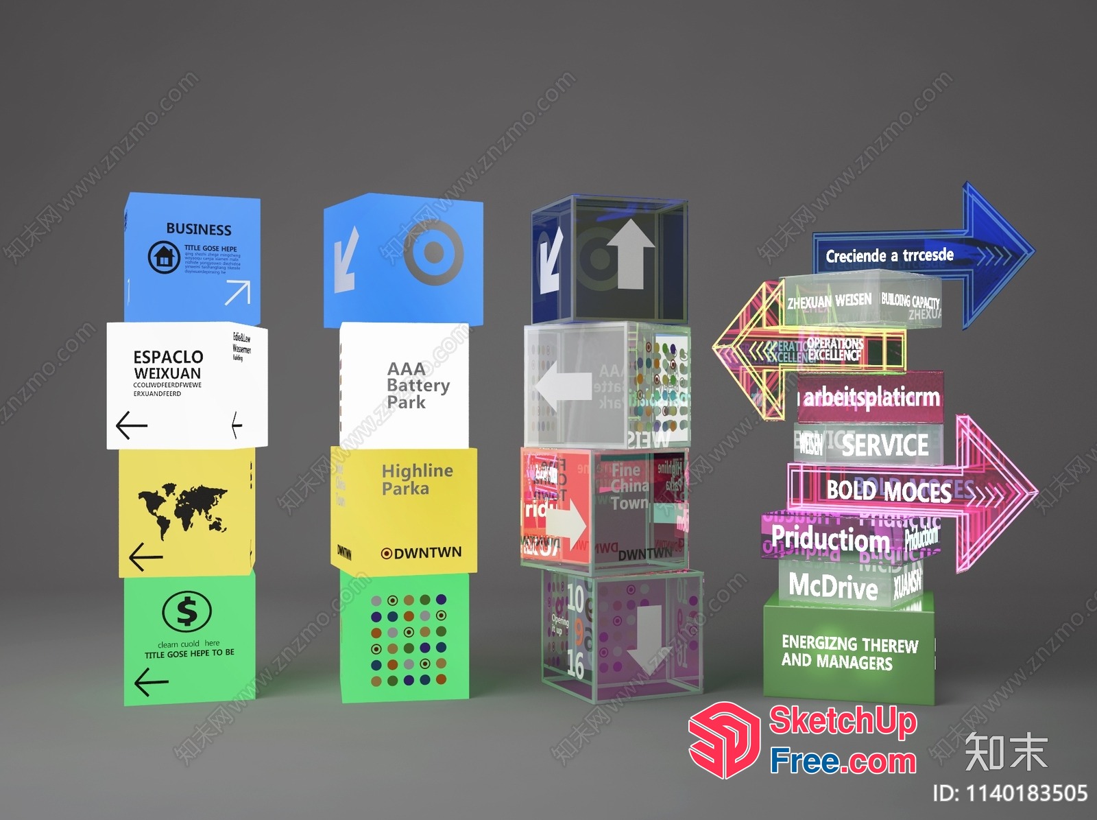 Colorful 3D Boxes With Various Labels And Arrows 3D SketchUp File