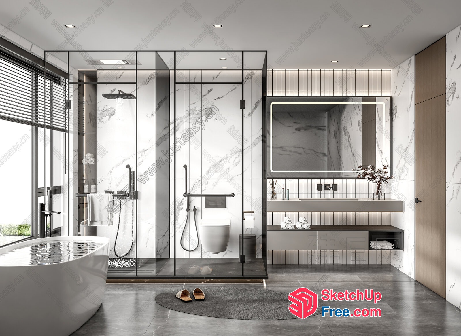Modern Bathroom With Glass Shower And Marble Walls 3D SketchUp File