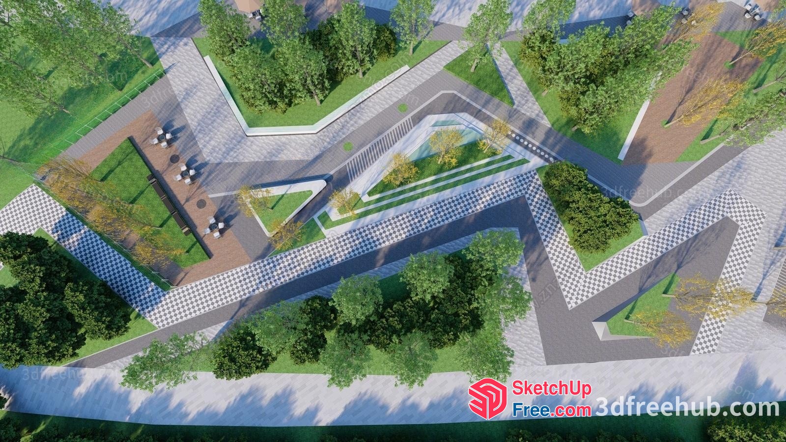 Aerial View Of A Modern Park With A Serene Water Feature 3D SketchUp File
