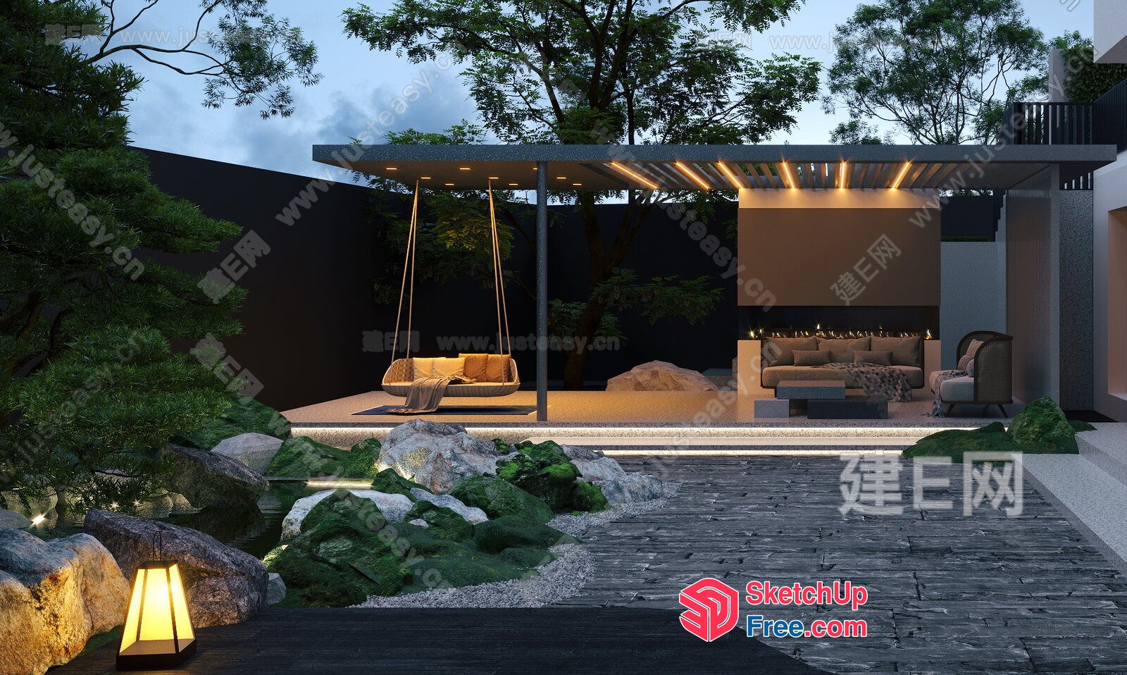 Modern Minimalist Outdoor Living Space With Hanging Swing 3D SketchUp File