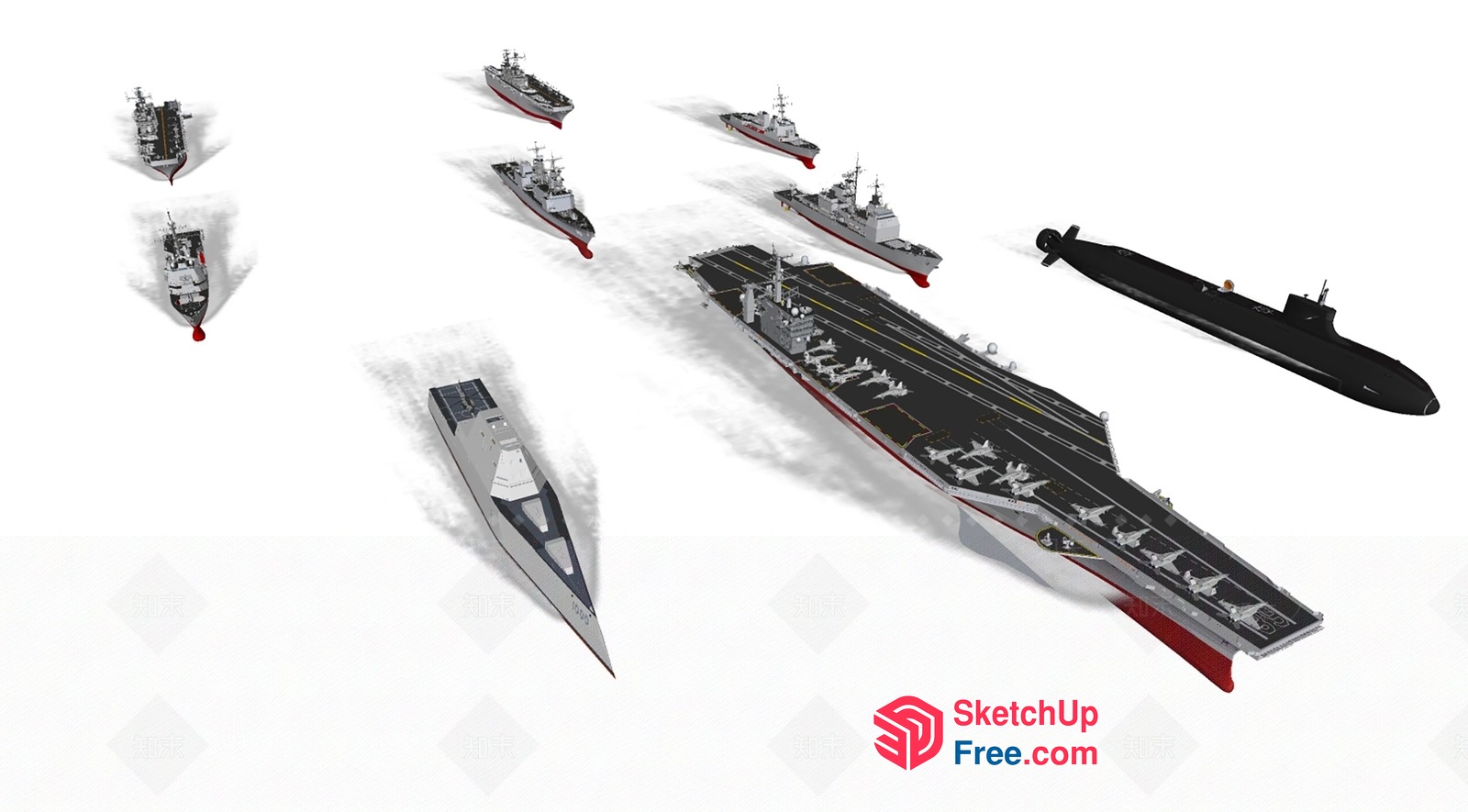 Naval Fleet With Aircraft Carrier And Submarines 3D SketchUp File