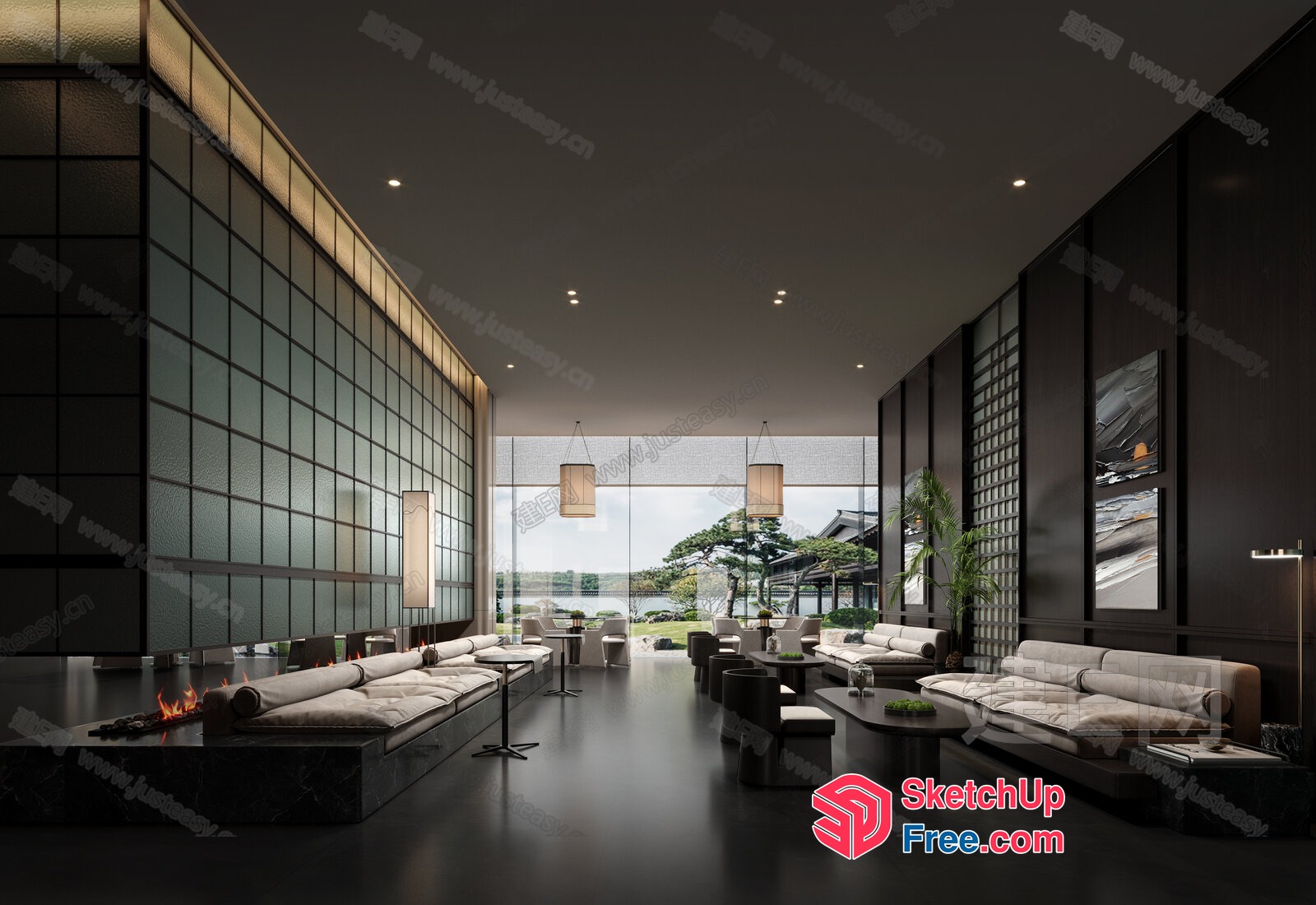 Luxurious Japanese-Style Living Room With Modern Fireplace 3D SketchUp File