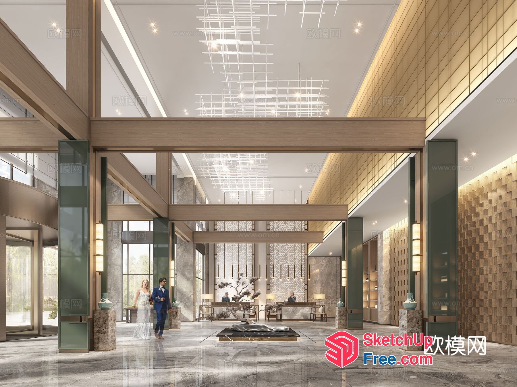 Elegant Modern Reception Area With Sleek Marble Flooring And High Ceilings 3D SketchUp File
