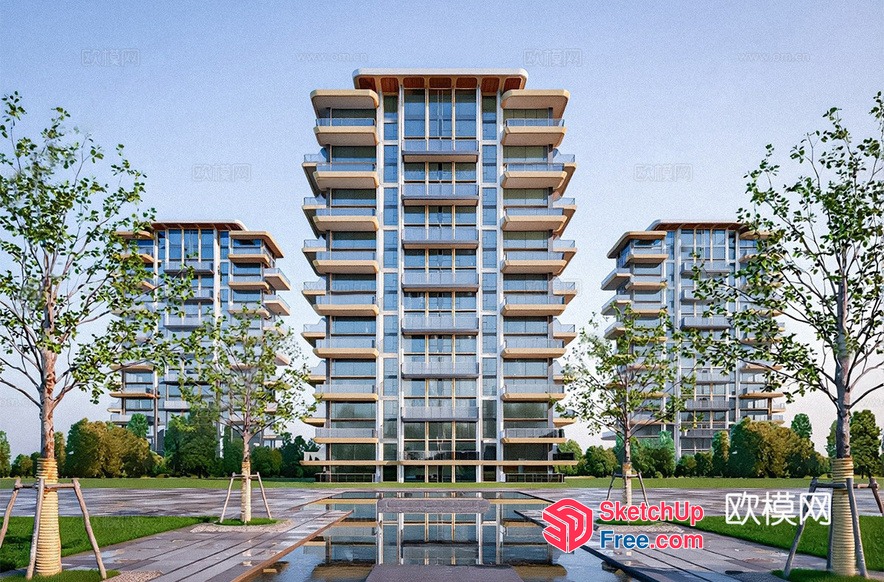 Modern Apartment Complex With Balconies And Glass Curtain Wall 3D SketchUp File