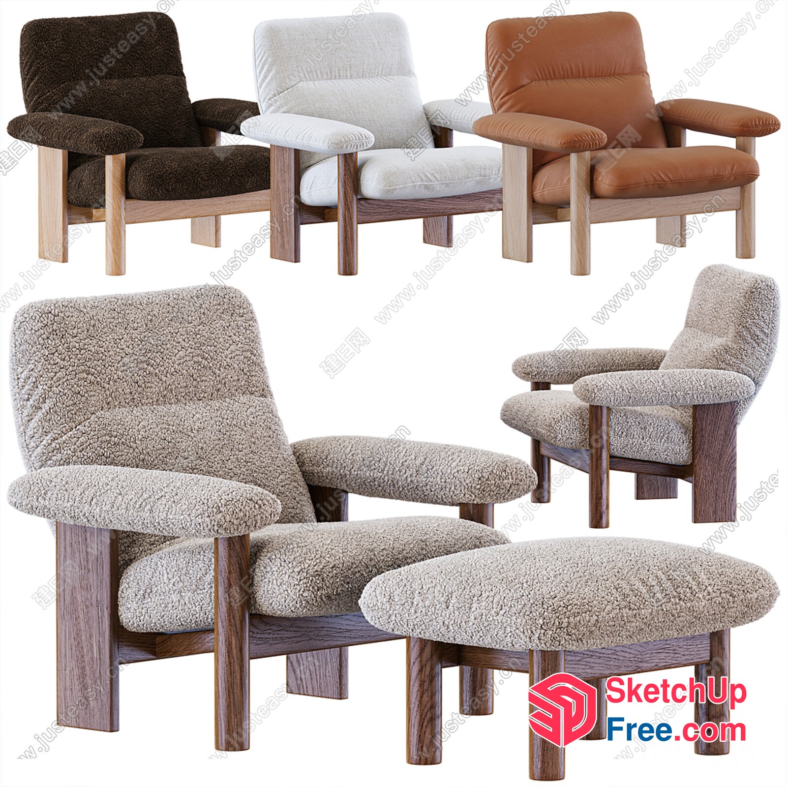 Comfortable Upholstered Armchairs And Ottoman Set 3D SketchUp File