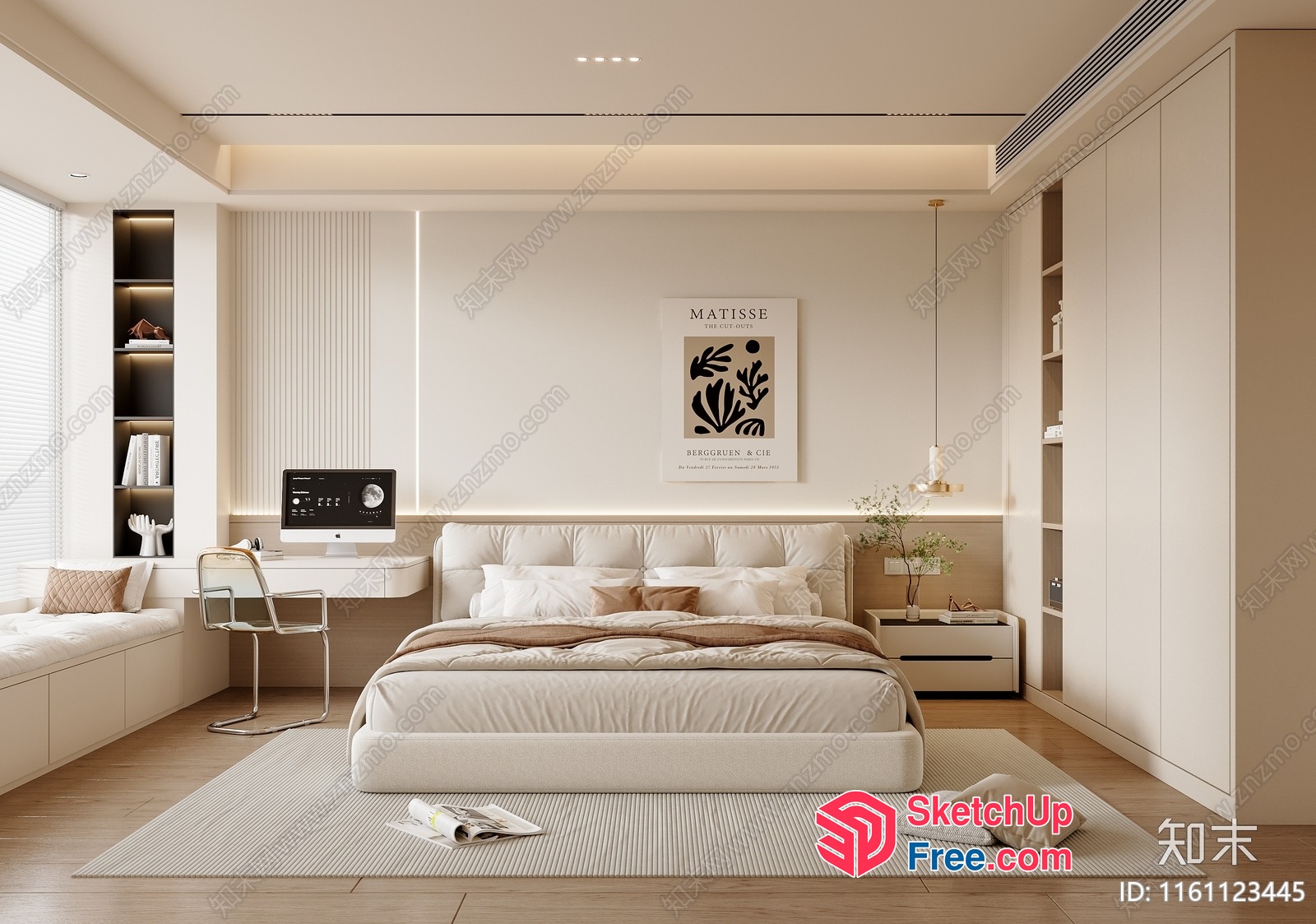 Modern Minimalist Bedroom With Creamy Style Decor 3D SketchUp File
