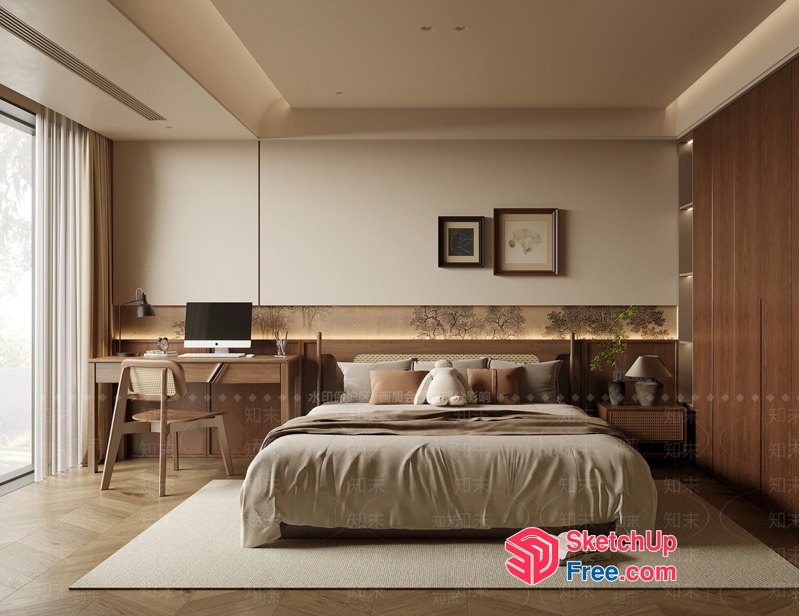 Minimalist Japanese Style Bedroom With Natural Wood Accents 3D SketchUp File