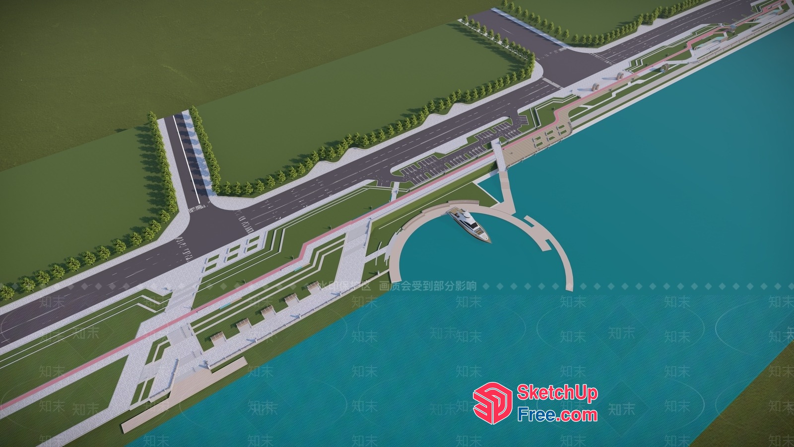 Riverfront Highway And Bridge With Waterway 3D SketchUp File