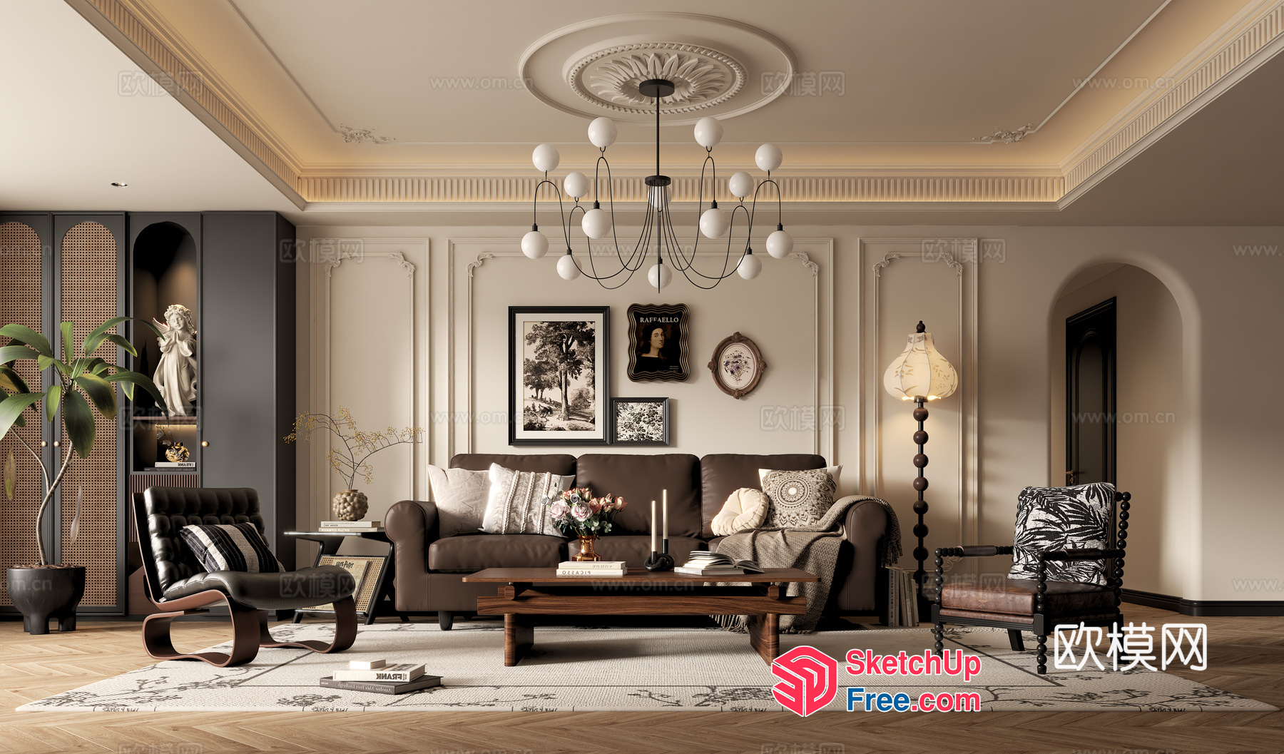 Classic European Style Living Room With Ornate Ceiling And Pillars 3D SketchUp File