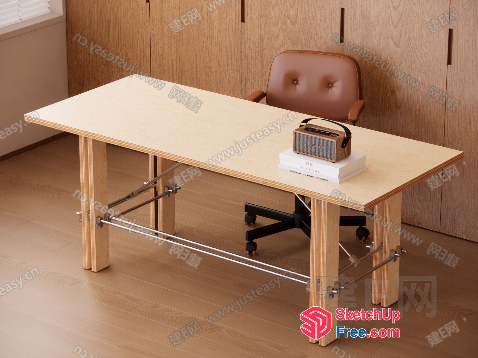 Wooden Desk And Brown Leather Chair 3D SketchUp File