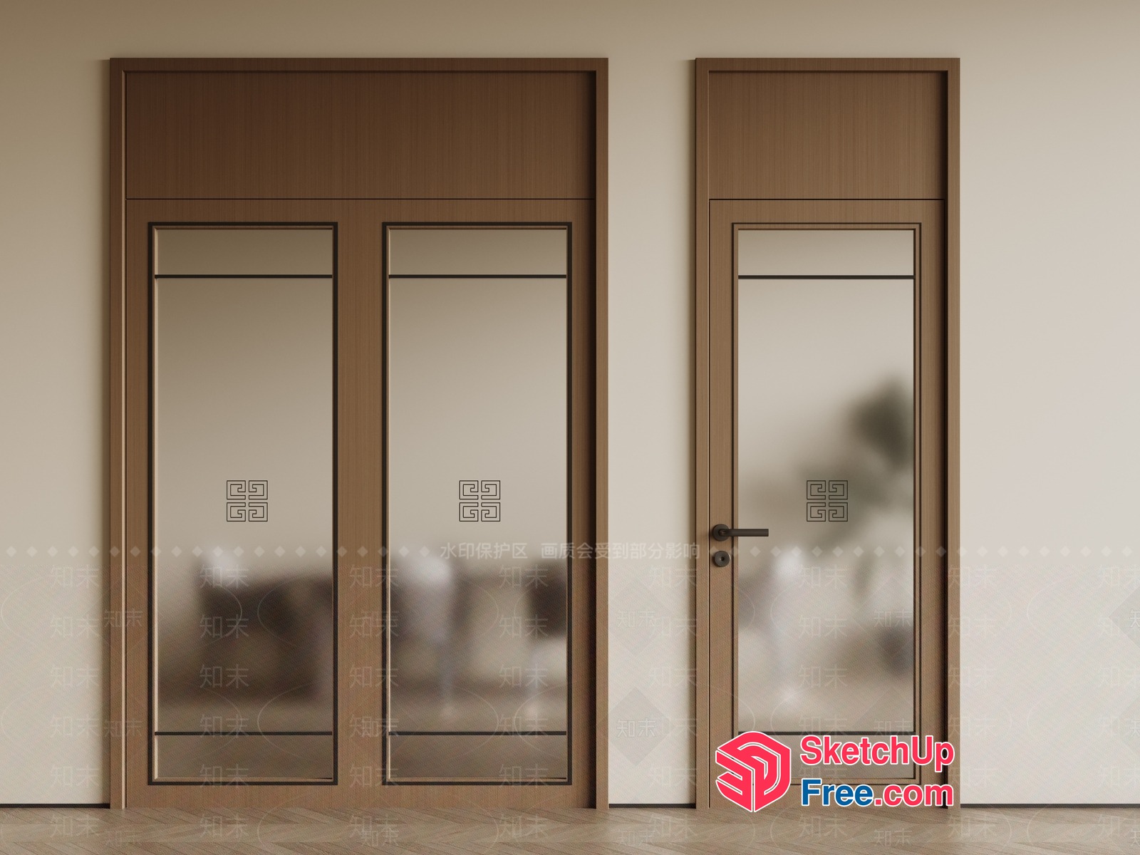 Glass Door With Frosted Panels And Asian-Inspired Design Elements 3D SketchUp File