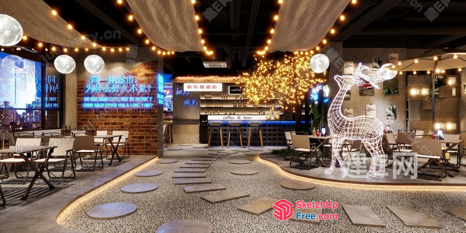 Cozy Modern Coffee Shop With Rustic Decor And Unique Lighting 3D SketchUp File