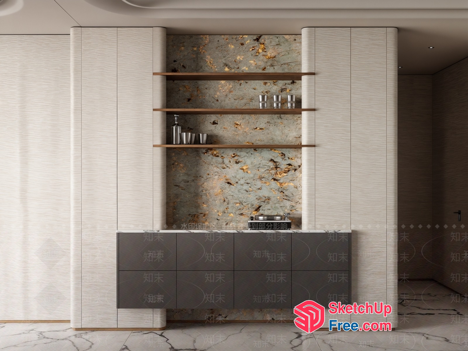 Modern Kitchen Decor With Marble Accents And Wooden Shelves 3D SketchUp File