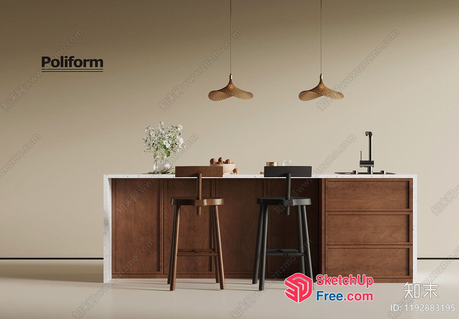 Modern Minimalist Kitchen Island With Sleek Wood And Marble 3D SketchUp File
