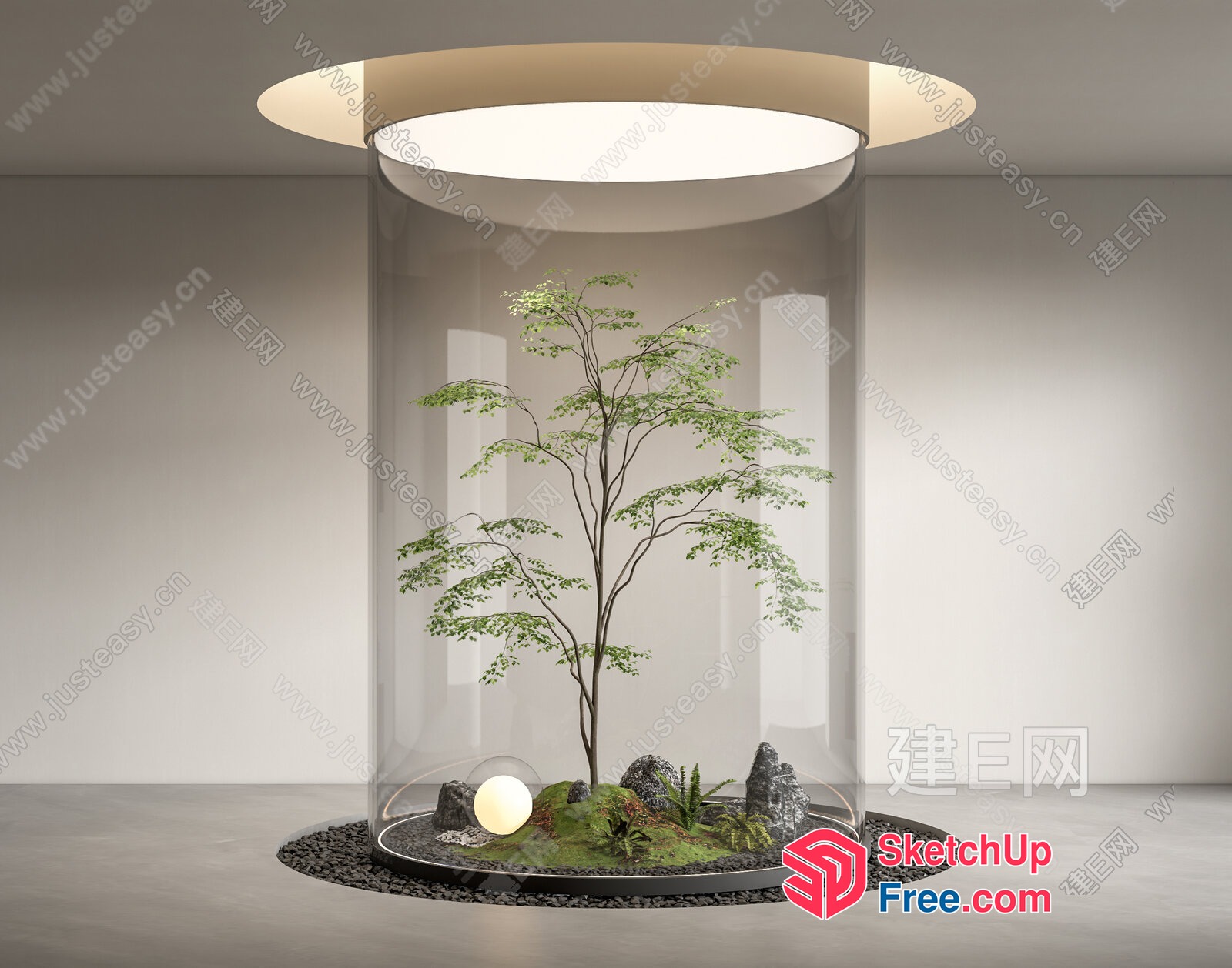 Modern Glass Enclosure With Tree And Decorative Elements 3D SketchUp File