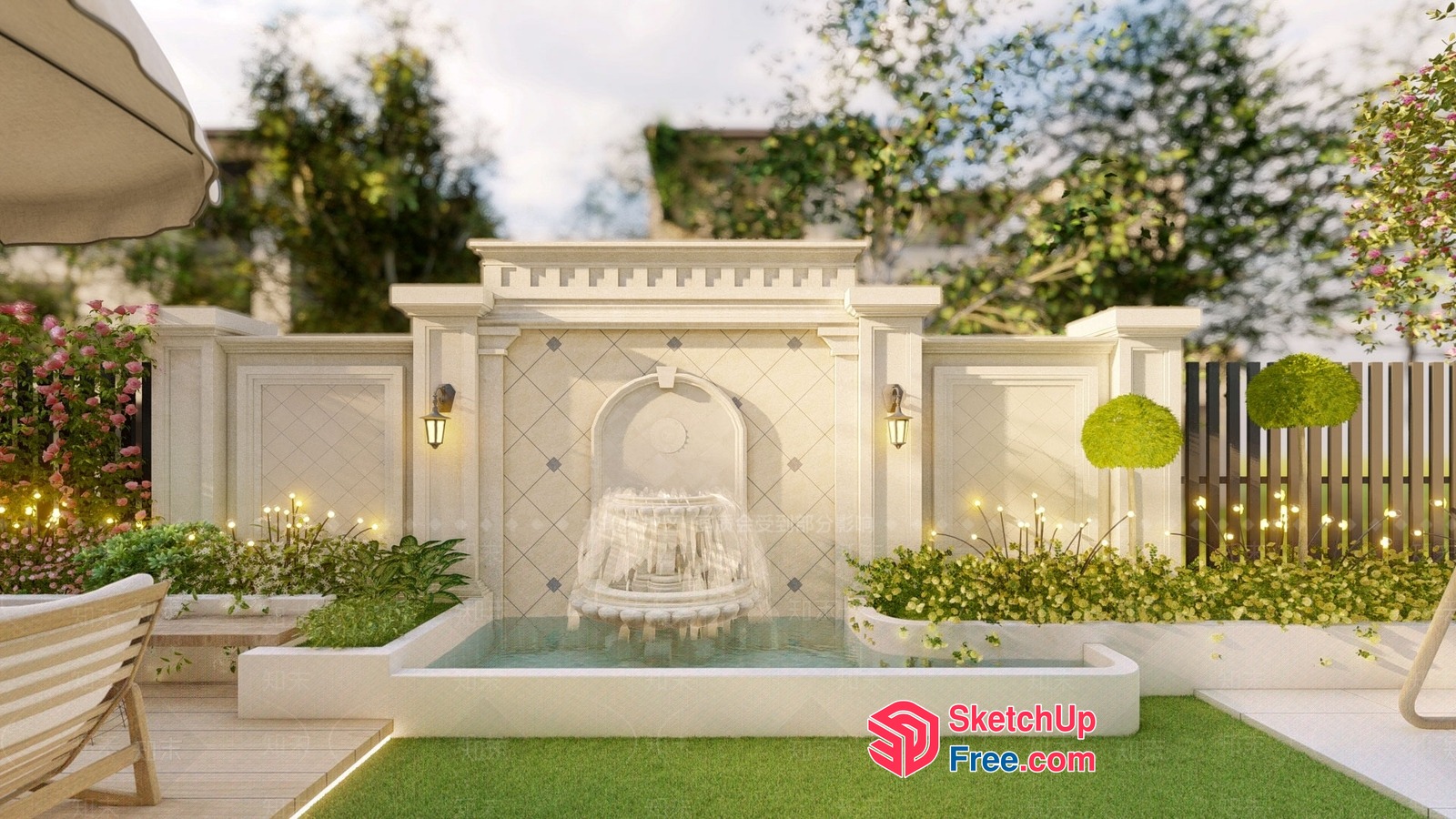 Elegant White Fountain In A Serene Garden 3D SketchUp File