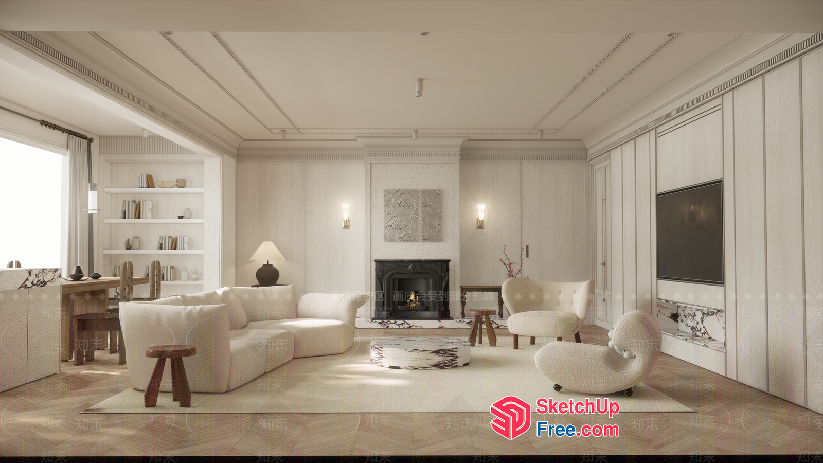 Elegant White Living Room With Classic Moulding 3D SketchUp File
