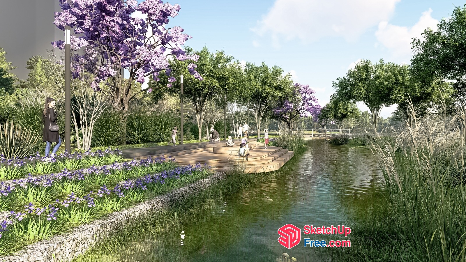 Serene Park Scene With Water Feature And Lush Greenery 3D SketchUp File