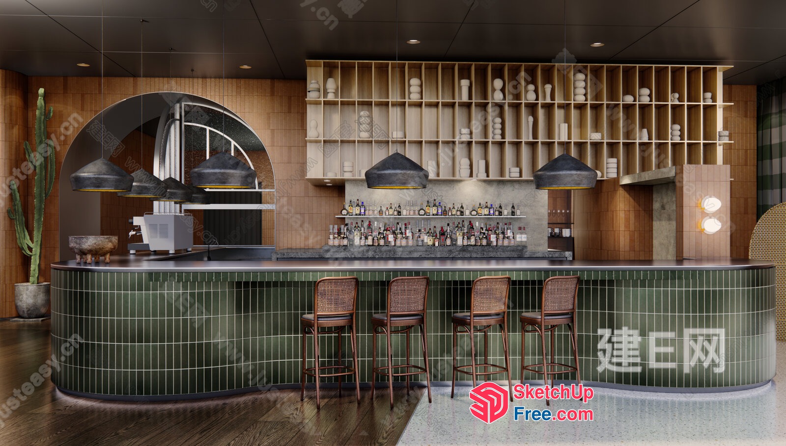 Modern Bar Interior With Green Tiled Bar And Shelves 3D SketchUp File