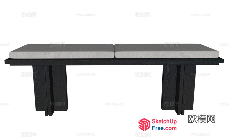 Long Grey Cushioned Bench With Dark Wood Base 3D SketchUp File