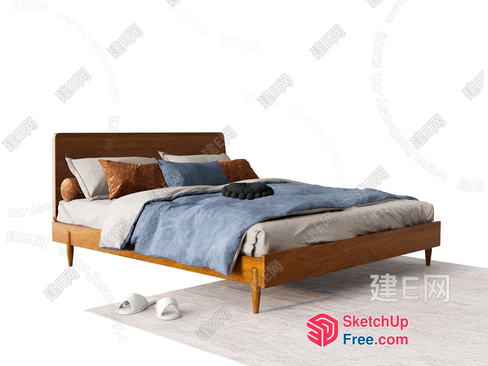 Modern Minimalist Bed With Pillows And Slippers 3D SketchUp File
