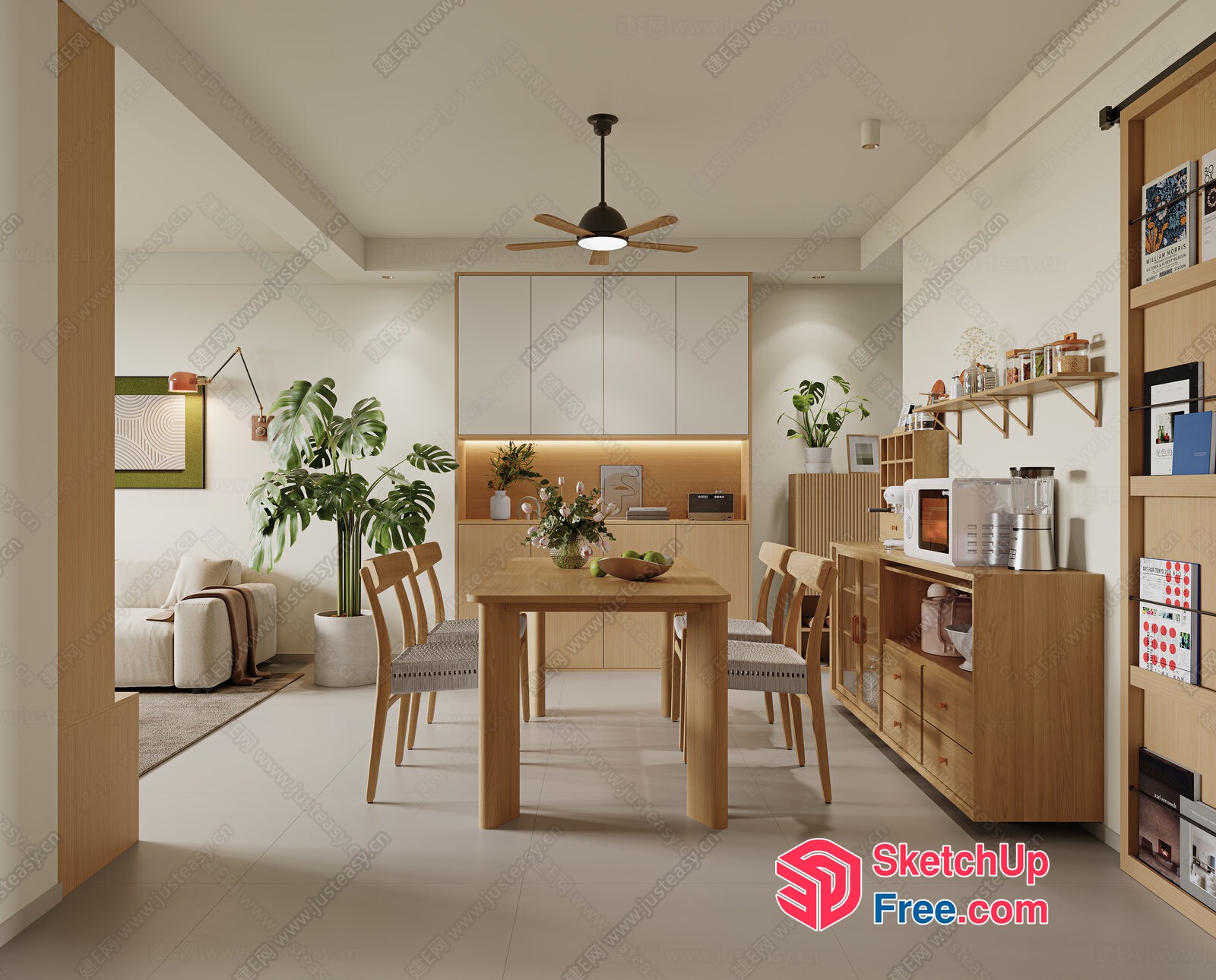 Modern Minimalist Japanese-Style Dining Room With Natural Wood Accents 3D SketchUp File