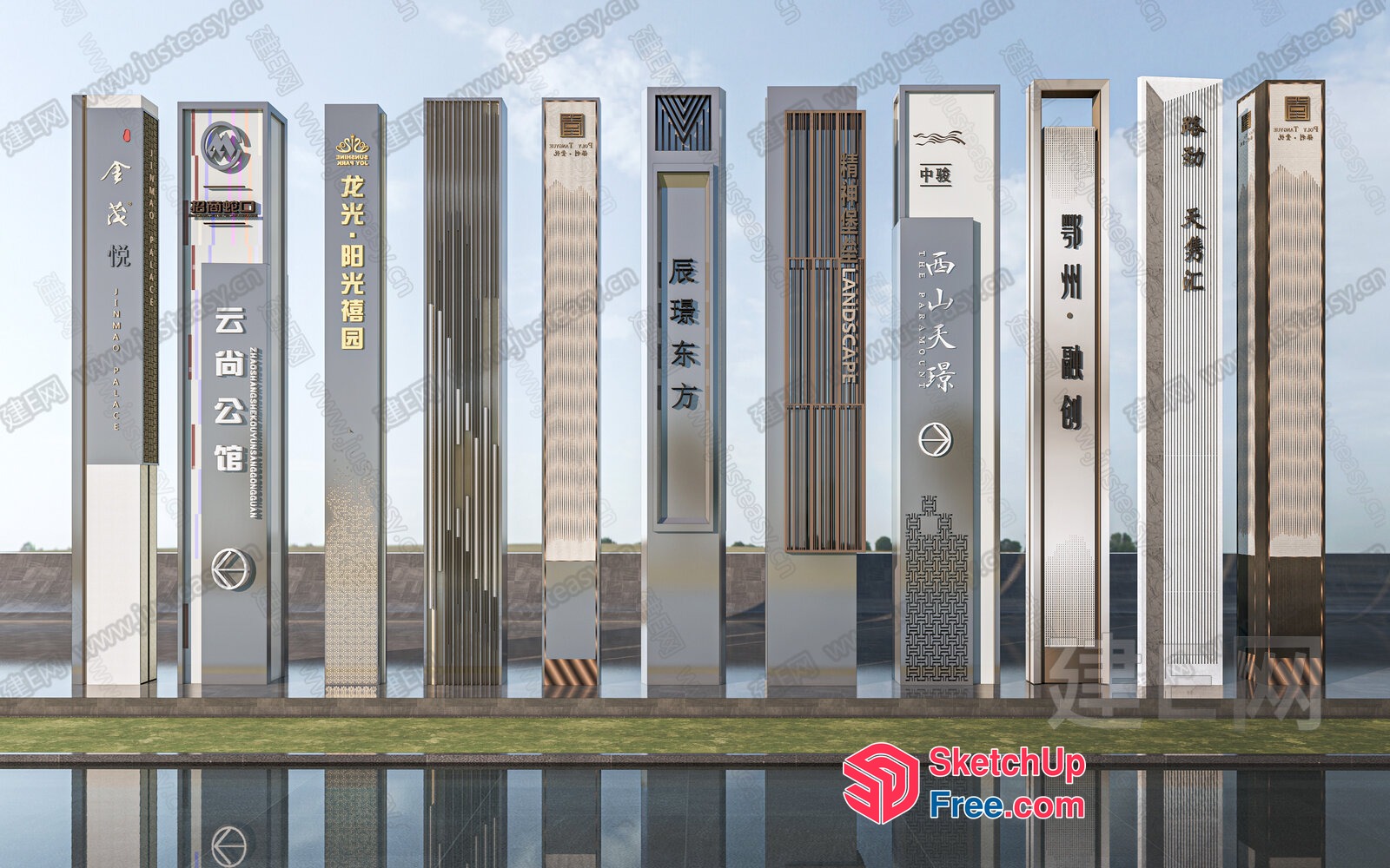 Tall Pillars With Various Chinese Characters And Logos 3D SketchUp File