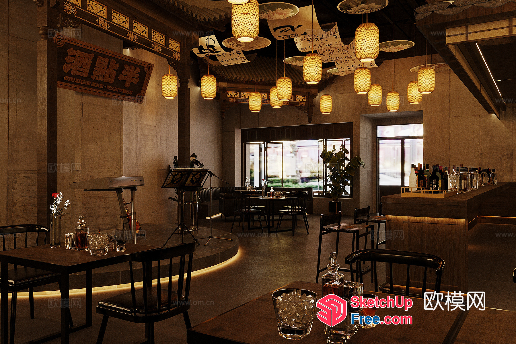 Asian-Inspired Restaurant Interior With Traditional Decor 3D SketchUp File