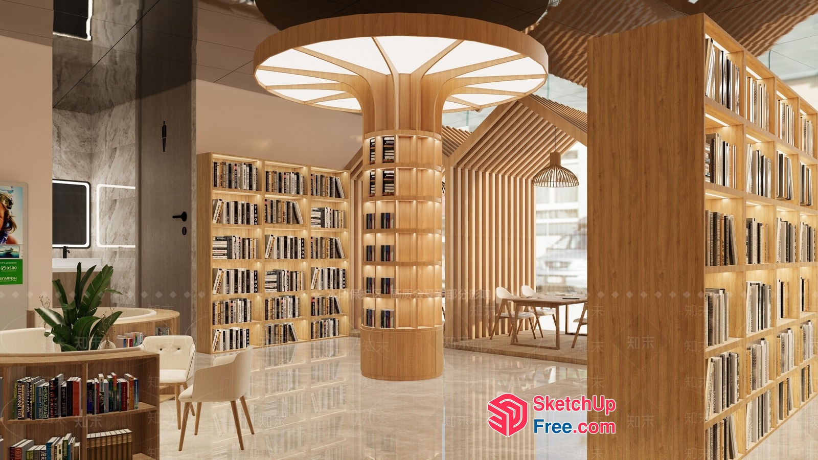 Modern Library Interior With Tree-Shaped Bookshelves 3D SketchUp File