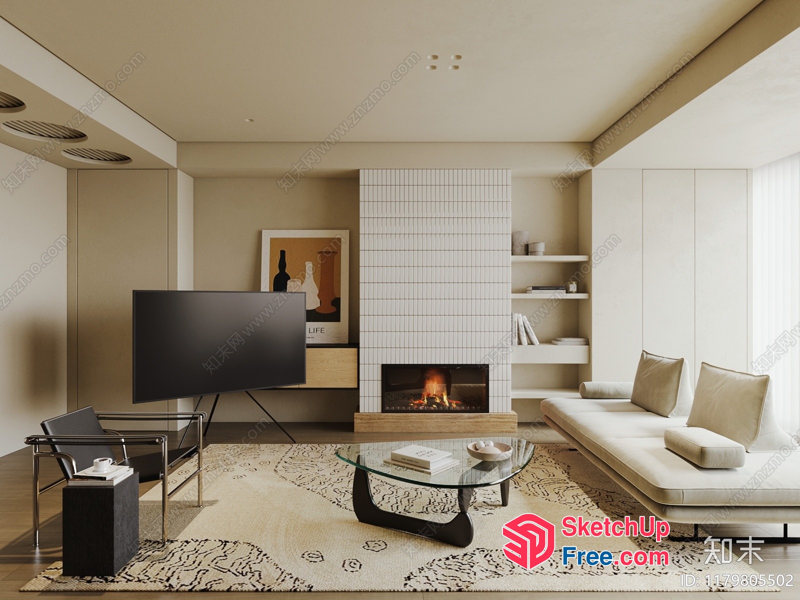 Modern Living Room With Fireplace And Tv 3D SketchUp File