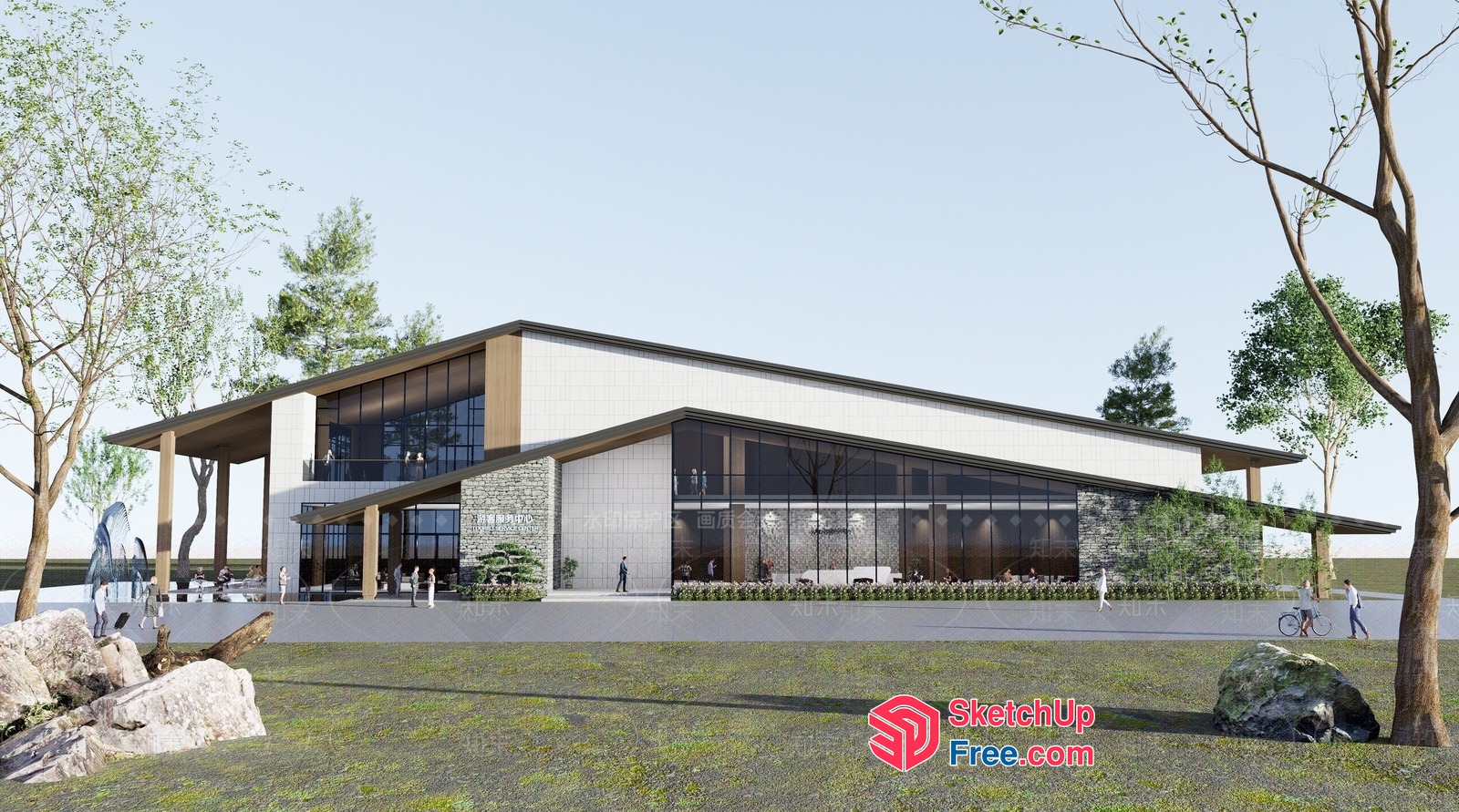 Modern Building With Large Glass Windows And Natural Surroundings 3D SketchUp File