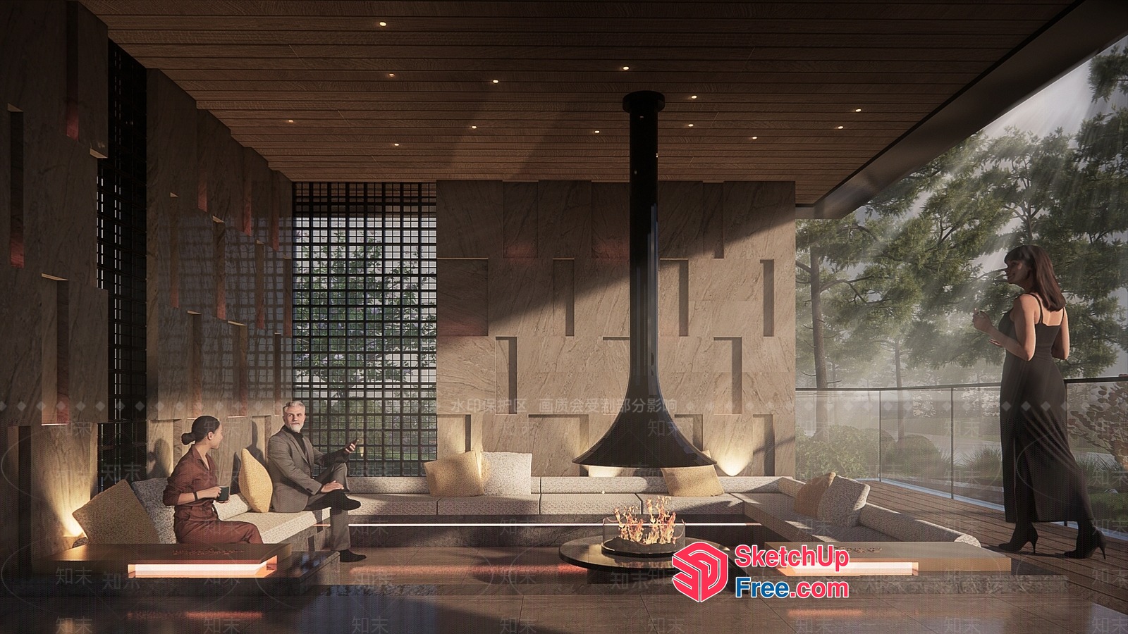 Luxurious Modern Living Room With Fireplace And Glass Brick Wall 3D SketchUp File