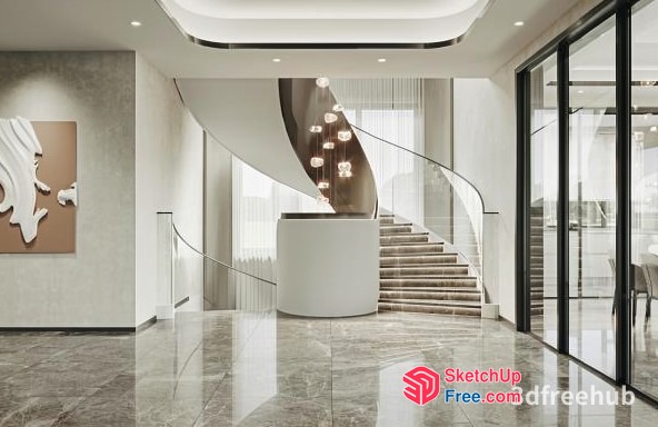 Elegant Modern Staircase With Marble Floor 3D SketchUp File