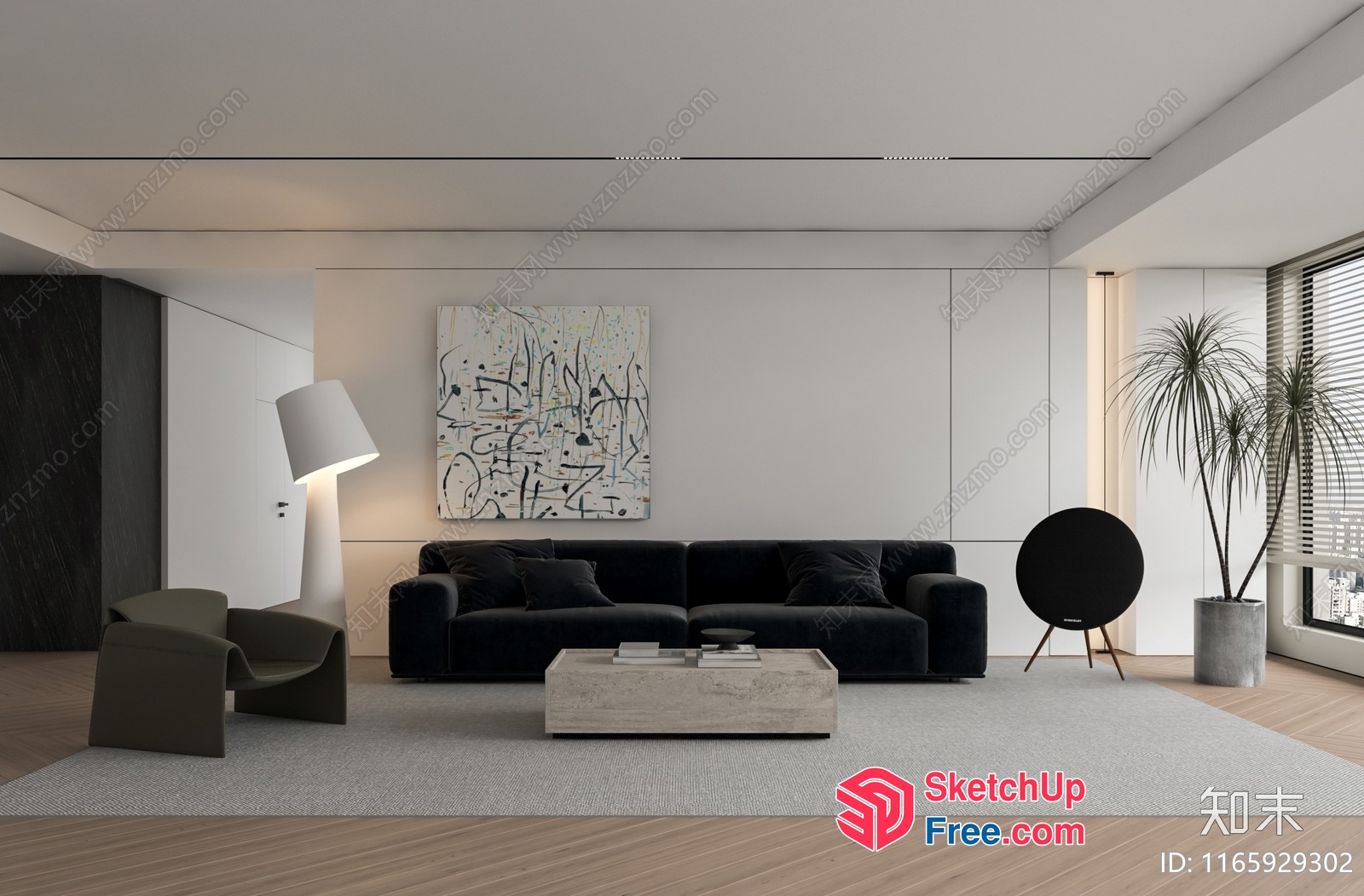 Modern Minimalist Living Room With Black Couch 3D SketchUp File