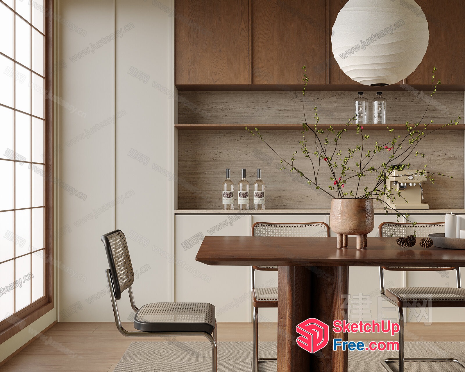 Modern Japanese-Inspired Dining Room With Wooden Table And Chairs 3D SketchUp File