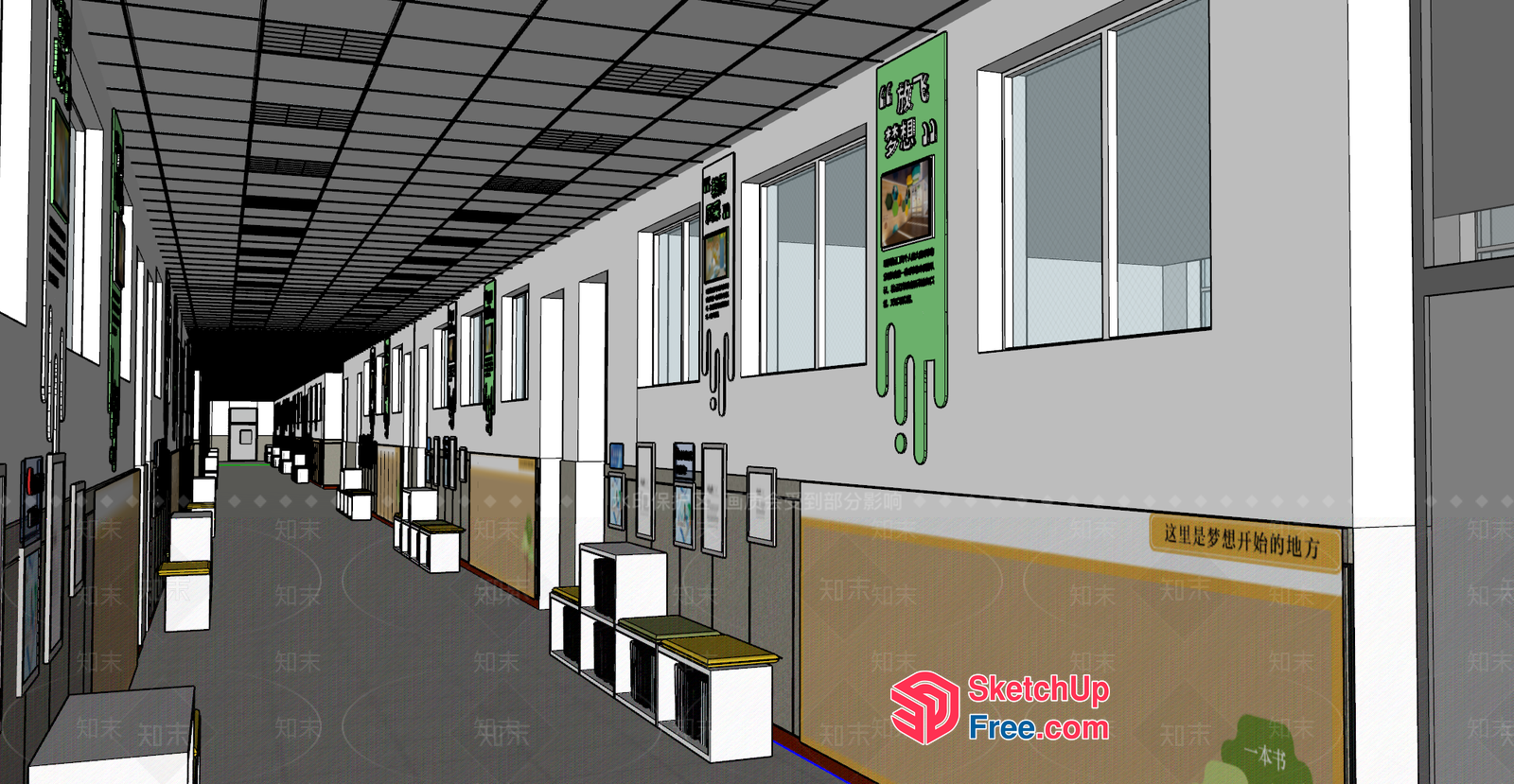 Long Corridor With White Walls And Green Signage 3D SketchUp File